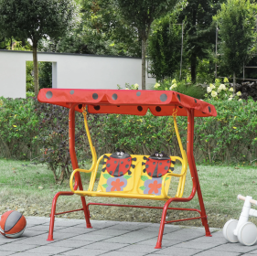 Kids Porch Swing with Adjustable Canopy – 2-Seat Ladybug Swing Chair with Seat Belts, Outdoor Children's Swing