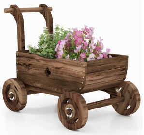 Rustic Wooden Wagon Planter Cart with Wheels & Handle – Decorative Flower Cart with Drainage Hole for Garden, Patio & Porch