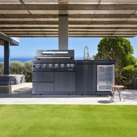 6-Burner 85,000 BTU Outdoor Kitchen Island Grill with Refrigerator, Wine Cooler & Rotisserie – 85" 304 Stainless Steel BBQ Island