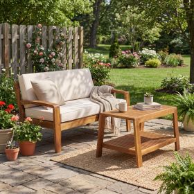 2-Piece Outdoor Acacia Wood Conversation Set with Loveseat & Double-Tier Coffee Table – Beige Cushions