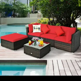 5-Piece Outdoor Patio Rattan Sectional Sofa Set with Red Cushions & Tempered Glass Coffee Table