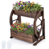 2-Tier Rustic Wood Wagon Planter – Elevated Raised Garden Bed with Drainage Holes, Semi-Wheel Design & Vertical Planting