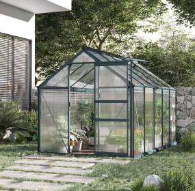 6' x 10' Outdoor Polycarbonate Greenhouse with Sliding Door, Roof Vent & Rain Gutters – Walk-In Garden Greenhouse