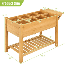 Elevated Planter Box Kit with 8 Grids, Folding Tabletop & Storage Shelves – Wooden Raised Garden Bed for Flowers, Herbs & Vegetables