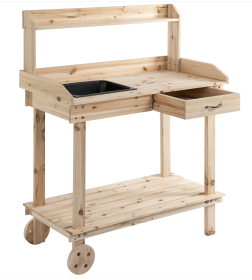 Potting Bench Workstation with Removable Sink, Wheels, Drawer & Storage Shelves – Natural Wood Garden Potting Table