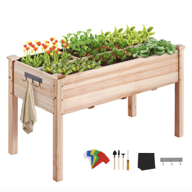 3.9 x 1.9 x 2.5 ft Elevated Wooden Raised Garden Bed with Legs – Fir Wood Planter Box with Removable Divider, Drainage Holes & Gardening Accessories