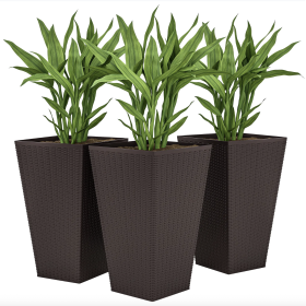Set of 3 Tall Rattan-Style Planters – 24" Brown Outdoor & Indoor Flower Pots with Drainage Holes