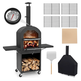 Outdoor Pizza Oven with 12" Cordierite Pizza Stone, Grill Racks & Protective Cover – Wood & Charcoal-Fired Pizza Maker with Built-In Thermometer