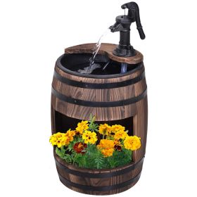 2-Tier Wooden Barrel Water Fountain with Flower Planter – Rustic Outdoor Garden Water Feature