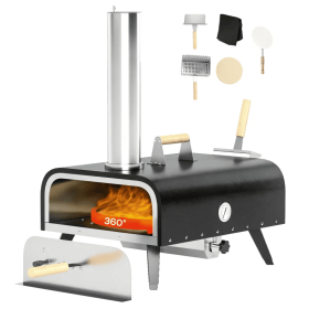 Portable Outdoor Wood-Fired Pizza Oven with Automatic Rotating 12" Pizza Stone, Built-In Thermometer & Pizza Peel – Pellet-Fired Pizza Maker