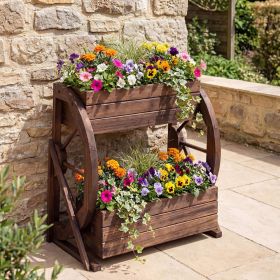 2-Tier Rustic Wood Wagon Planter – Elevated Raised Garden Bed with Drainage Holes, Semi-Wheel Design & Vertical Planting