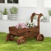 Rustic Wooden Wagon Planter Cart with Wheels & Handle – Decorative Flower Cart with Drainage Hole for Garden, Patio & Porch
