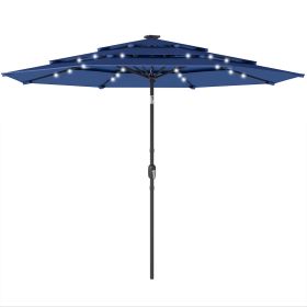 9.7 FT Solar LED Patio Umbrella with Tilt & Crank – 3-Tier Vented Outdoor Market Umbrella with UPF 30+ Protection, Navy Blue