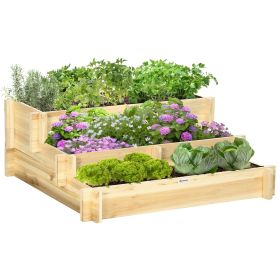 3-Tier Raised Garden Bed – Wooden Stair-Step Planter Box with 5 Planting Compartments, Drainage Fabric & Outdoor Vegetable Herb Garden