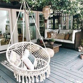Macrame Hammock Chair Swing – Handmade Cotton Rope Hanging Chair with Iron Hoop for Indoor & Outdoor Relaxation