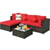 5-Piece Outdoor Patio Rattan Sectional Sofa Set with Red Cushions & Tempered Glass Coffee Table