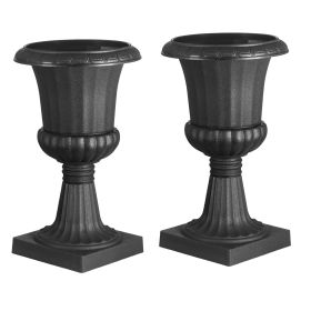 2-Pack Black Plastic Urn Planters – 26.4" Classic Pedestal Flower Pots for Front Porch, Patio & Garden