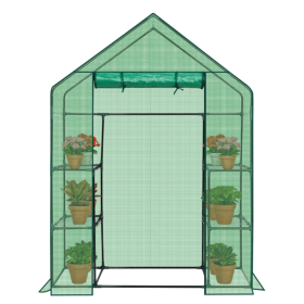 Mini Walk-In Greenhouse with 4 Shelves, PE Cover & Zippered Roll-Up Door – 56" x 29" x 77" Compact Plant Greenhouse