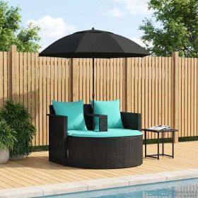 Outdoor 8-Piece Garden Sofa Set with Tilt Parasol Umbrella, Cushions & Half-Round Ottoman – Black & Turquoise PE Rattan