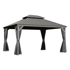 Outdoor Hardtop Gazebo 10' x 13' – Galvanized Steel Double-Roof Patio Pavilion with Curtains, Netting, Drainage System & Hanging Hooks