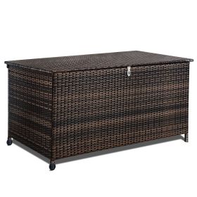 120-Gallon Outdoor Wicker Storage Box with Waterproof Liner & Hydraulic Lift – Large Resin Rattan Patio Deck Box