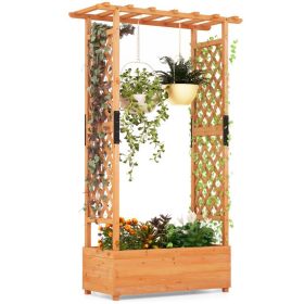 Raised Garden Bed with Arch Trellis & Hanging Roof – Wooden Vertical Garden Planter with Removable Bottom for Climbing Plants