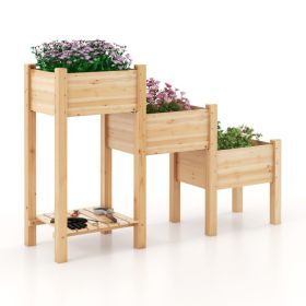 3-Tier Wooden Raised Garden Bed with 3 Planter Boxes & Open Storage Shelf