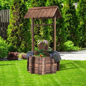 Outdoor Wooden Wishing Well Planter, Rustic Fir Wood Garden Planter with Hanging Bucket for Lawn, Patio & Yard Décor